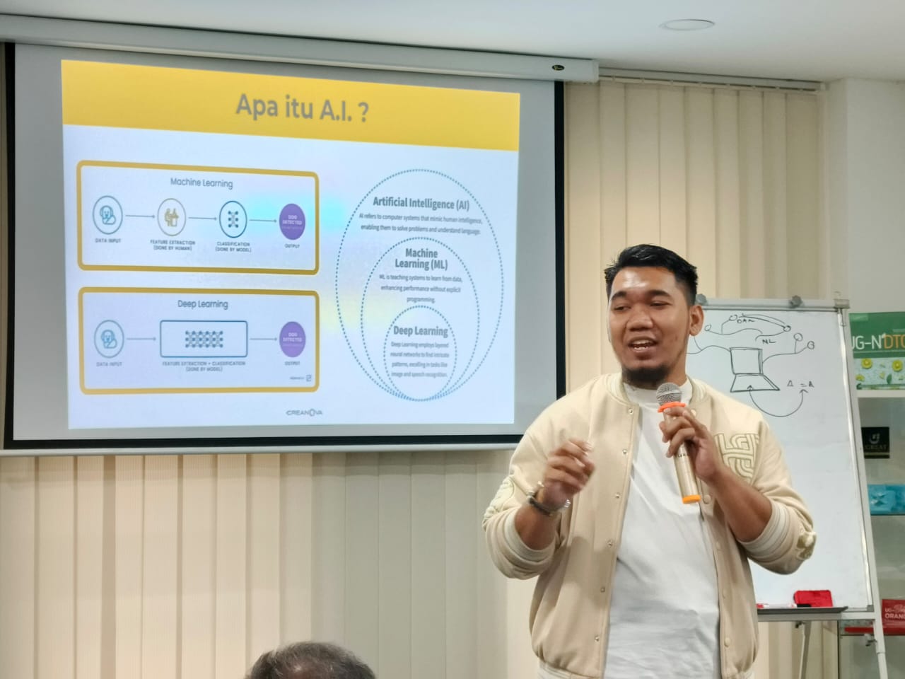 Trainer Bijak AI menerangkan konsep asas AI di hadapan slaid pembelajaran